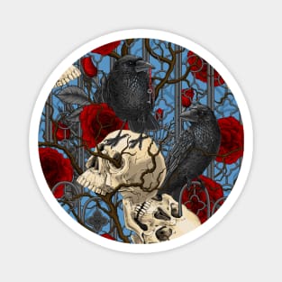 Raven's secret. Dark and moody gothic illustration with human skulls and roses Magnet